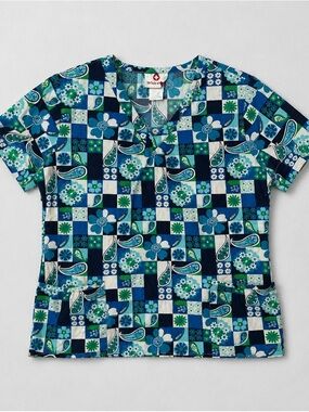 White Cross Blue & Green Floral Patchwork Scrub Top Medium 100% Cotton
